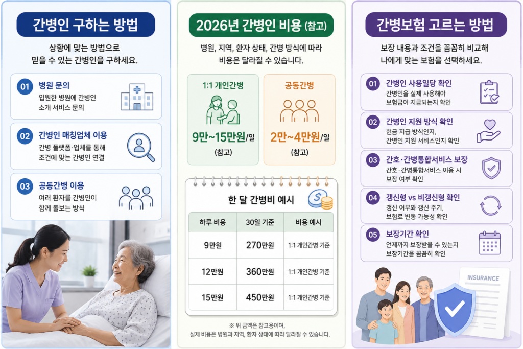 간병인 구하는 법·간병보험 고르는 법 총정리 (2026 비용·매칭·보험 비교)